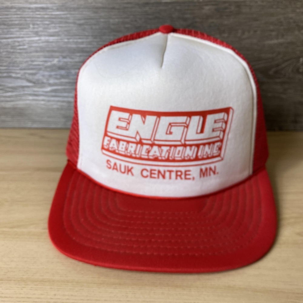 Vintage Engle Fabrication Inc Hat Cap Snap Back Red White Mesh Trucker